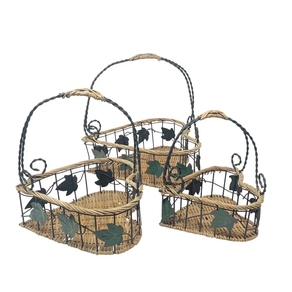 Vintage 90's Heart Shape Nesting Baskets‎ 3 Pc Twisted Handle Metal Green Ivy
